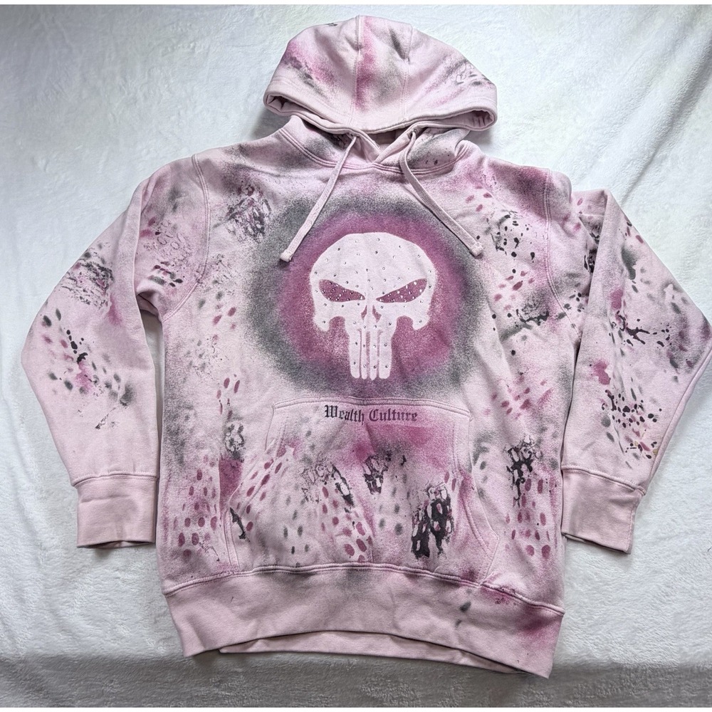 Wealth Culture Pink Tie Dye Hoodie Lg Punisher Skull Gothic Cross Rhinestone Y2K